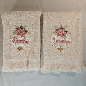 2 Vintage Seasons Greetings Hand Towels Christmas Holiday Bathroom Cannon Cotton